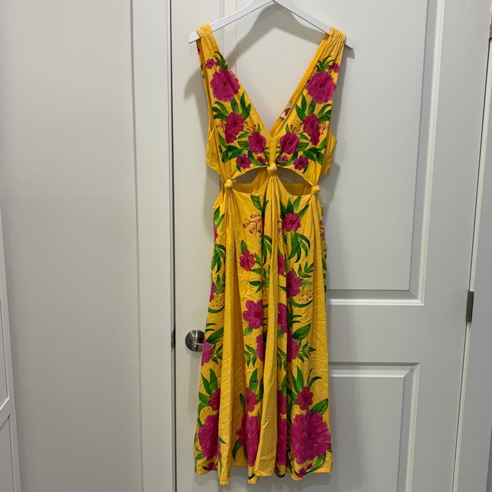 Farm Rio Romantic Garden Yellow Pink Plunge Midi Dress Size M - Picture 12 of 16